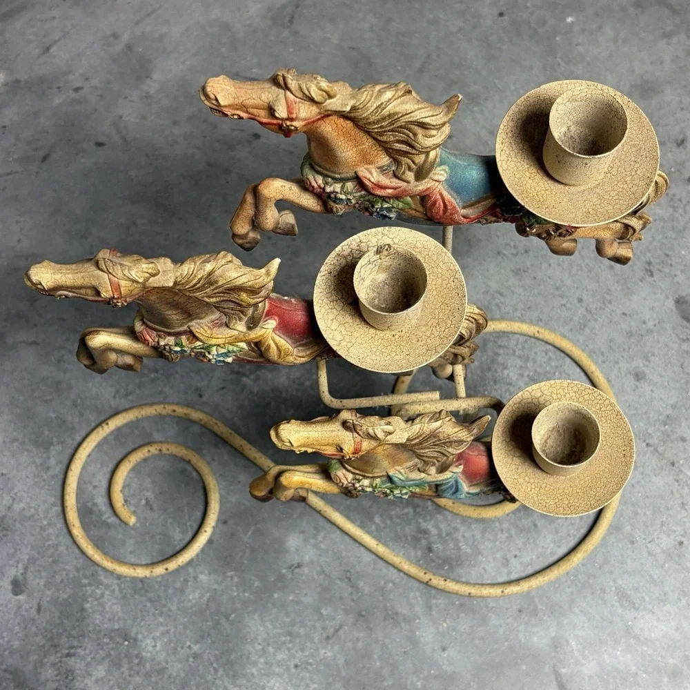 Vintage Smithsonian Carousel Horse Candelabra Candle Holder 3 Taper Grandmacore
